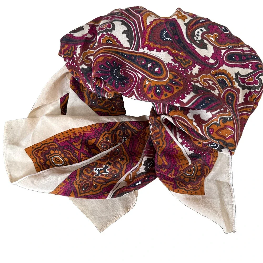 Vintage Silk Paisley Scarf 32x34 Burgundy Rust Mustard Gold Ornate Border 70s